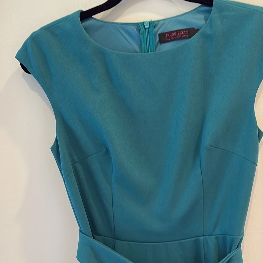 Elegant Teal Cap Sleeve Dress - Picture 4 of 15